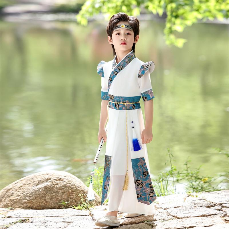 服男童夏夏季薄汉款童古装小男孩雪纺短XYX袖装长款儿透气帅气国