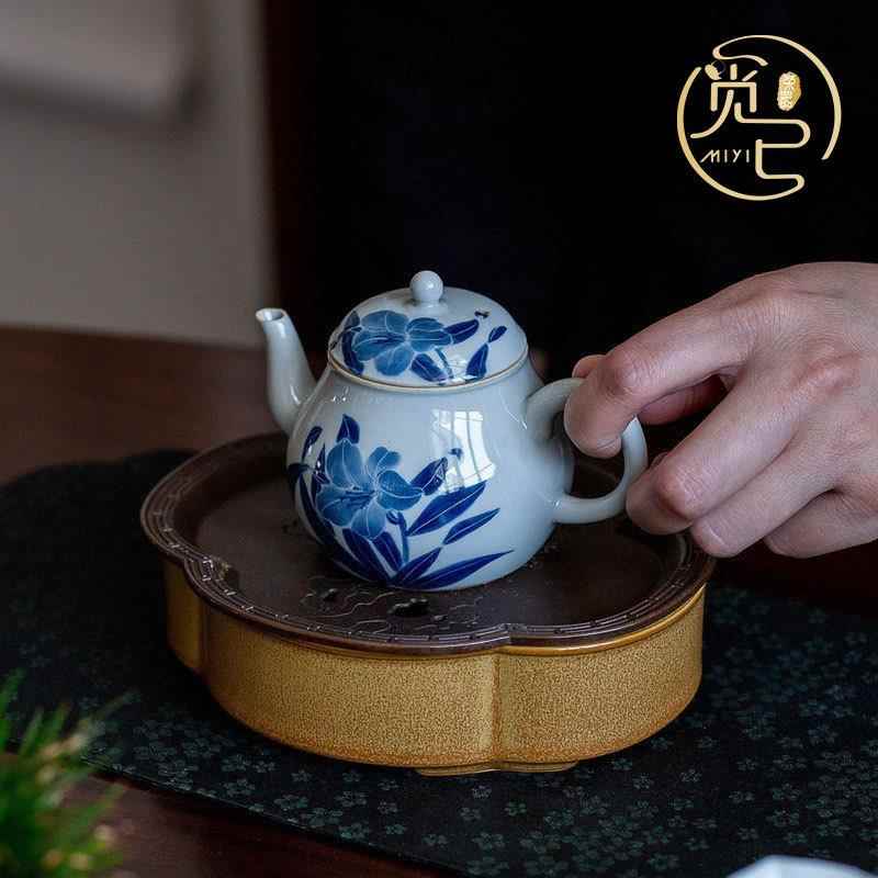 手绘百合茶壶手工泡茶壶BJQ瓷纯家用青花壶带过滤陶单壶功夫花壶