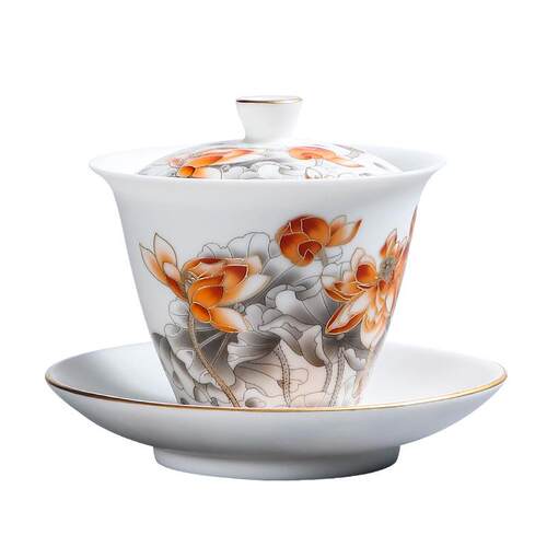 德化羊脂玉瓷冰种茶碗日式防烫高颜值家用办公高档陶瓷三才盖碗