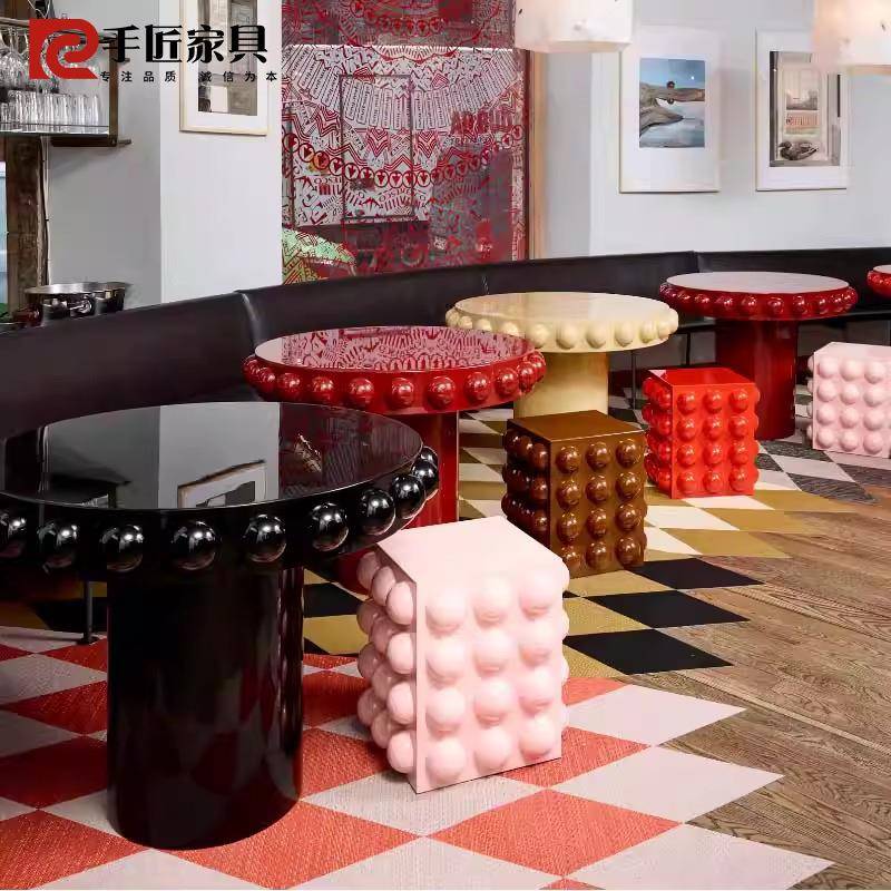 法式复古风玻璃钢圆桌矮凳创意设计家用中古奶油风咖啡桌餐桌长桌