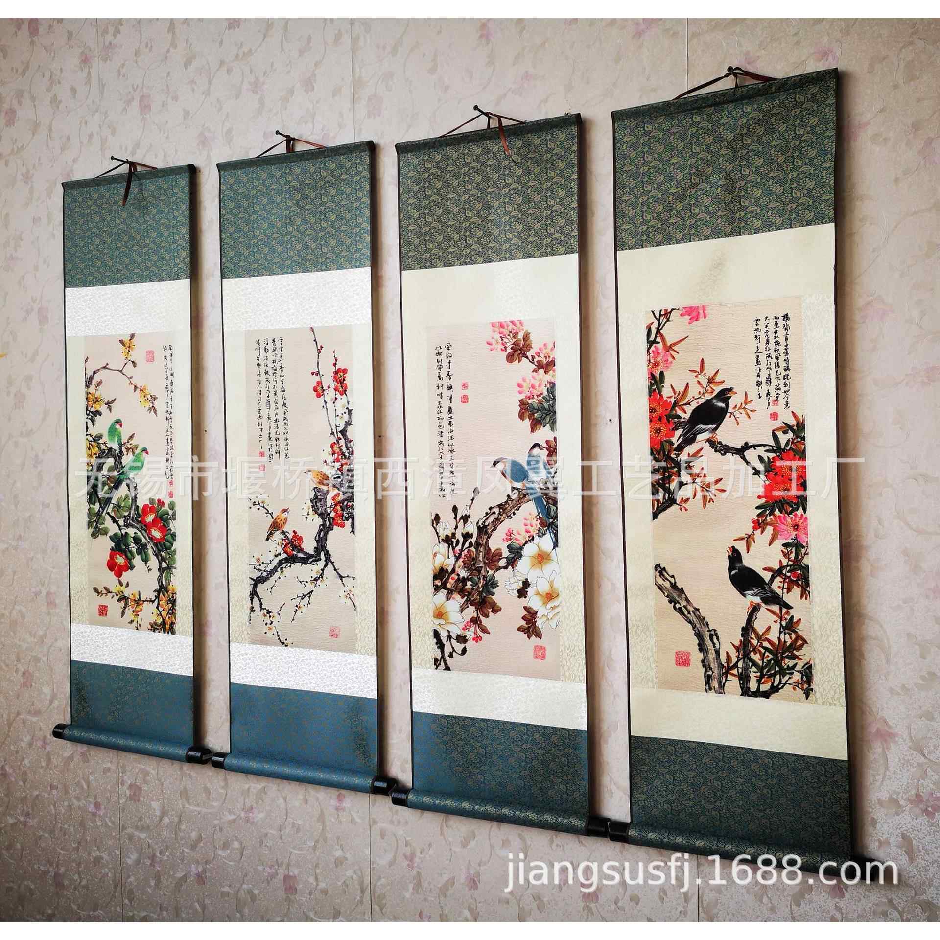 家居装饰工笔花鸟四条屏春夏秋冬丝绸画 卷轴成套国画T15