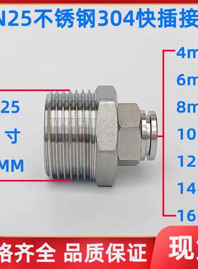 DN25不锈钢304气动快插接头 PU气管快接G1寸外螺纹接4MM~16MM气管