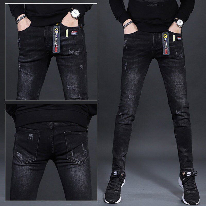 黑色牛仔裤男款夏季进口欧货弹力修身时尚小脚休闲高端薄款长裤子