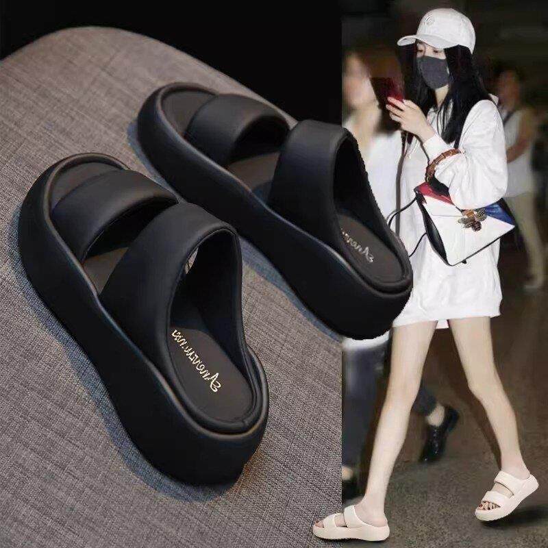 香港真皮厚底凉拖鞋女夏季外穿2026新款高级感时尚踩屎感沙滩凉鞋