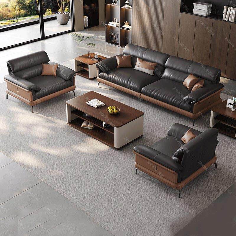 办公室沙发茶几组合商务接待简约现代三人位会客休闲 意式真皮沙
