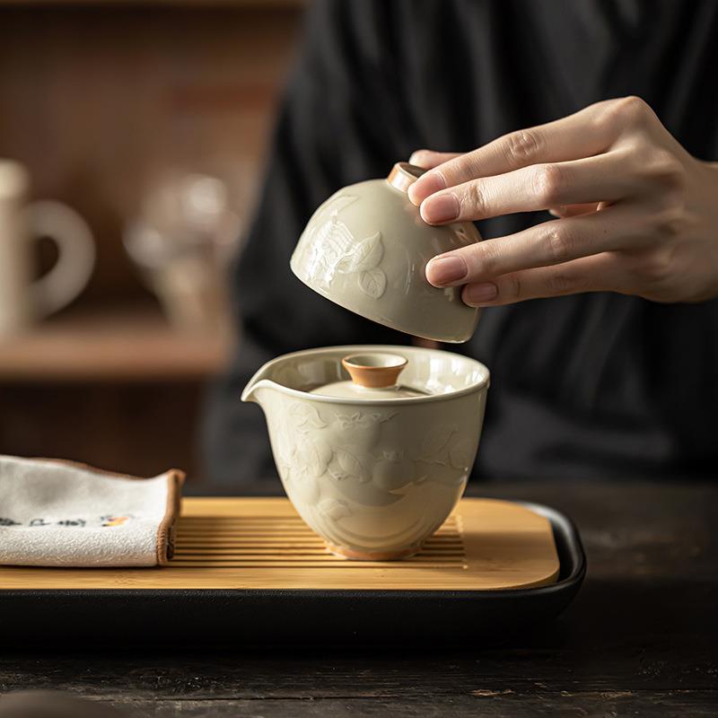 草木灰冰台浮雕旅行茶具快客杯户外随身便携一壶一杯陶瓷小套组