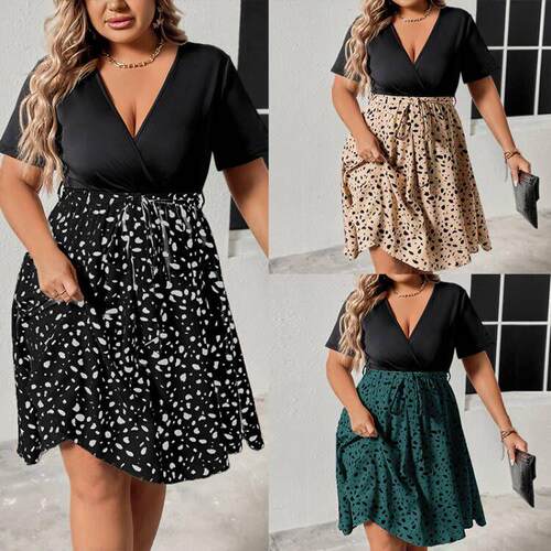 Large size dress for women with patchwork collar, short