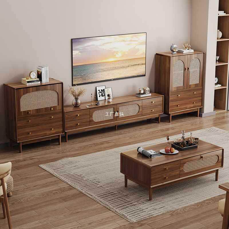 藤编电视柜茶几组合现代简约客厅家用收纳储物柜一体小户型实木腿