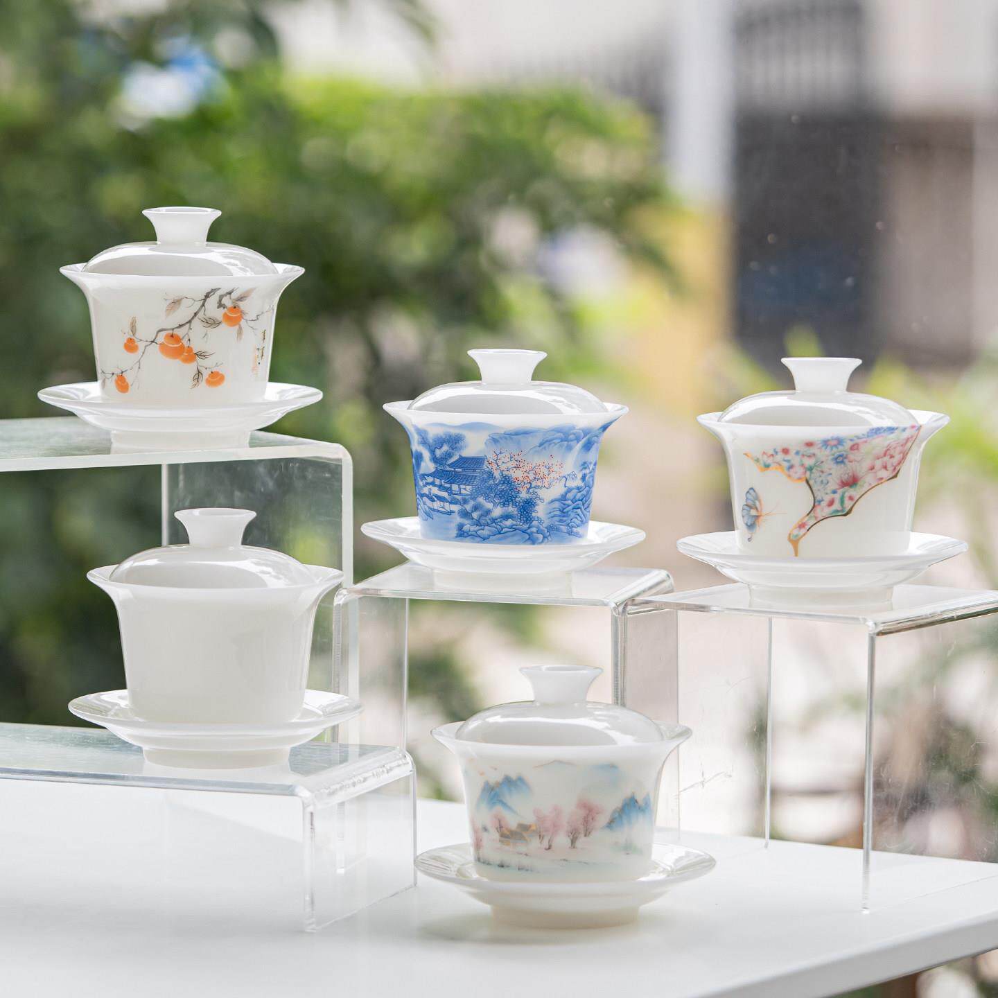 璞玉冰种玉瓷盖碗茶杯家用岩茶三才盖碗大号功夫茶具配件高档套装