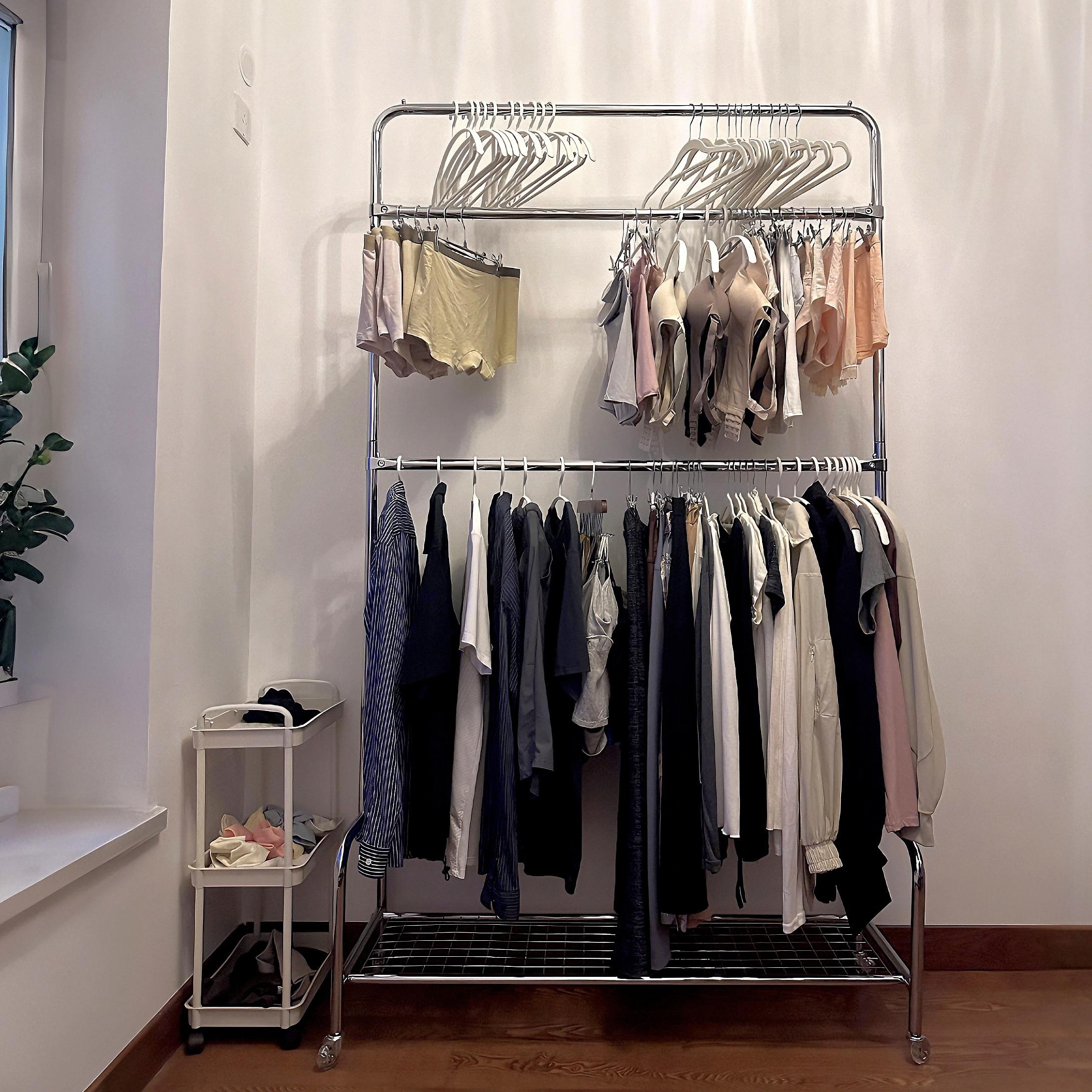 三层横杆升级加厚服装店内衣裤晾晒展示架落地式挂衣架家用挂衣杆