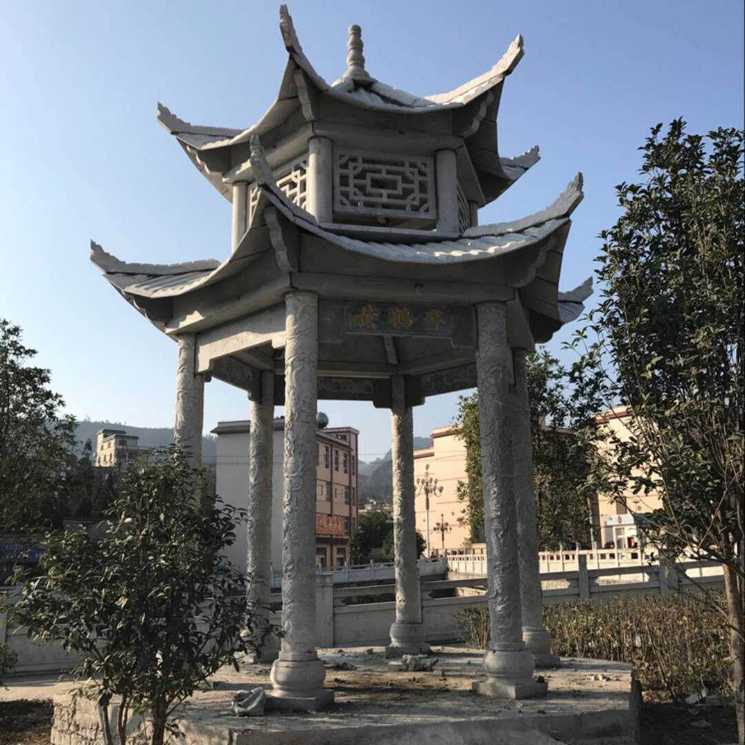 户外景观人工雕塑青石石雕凉亭双层六角门楼造型石亭子
