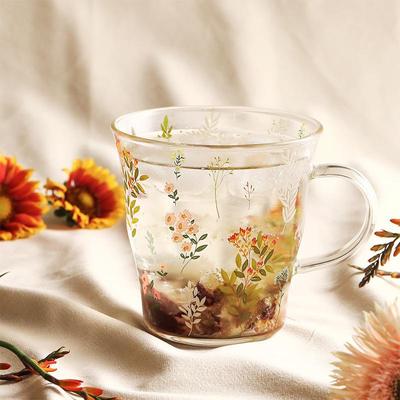 蓝莲花家居小花杯子女咖啡杯马克玻璃杯带把手高硼硅家用透明水杯