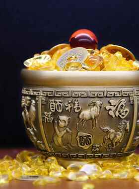 黄铜拉丝封釉吸金百福缸聚宝盆聚米缸烟灰缸商务家居创意礼品摆件