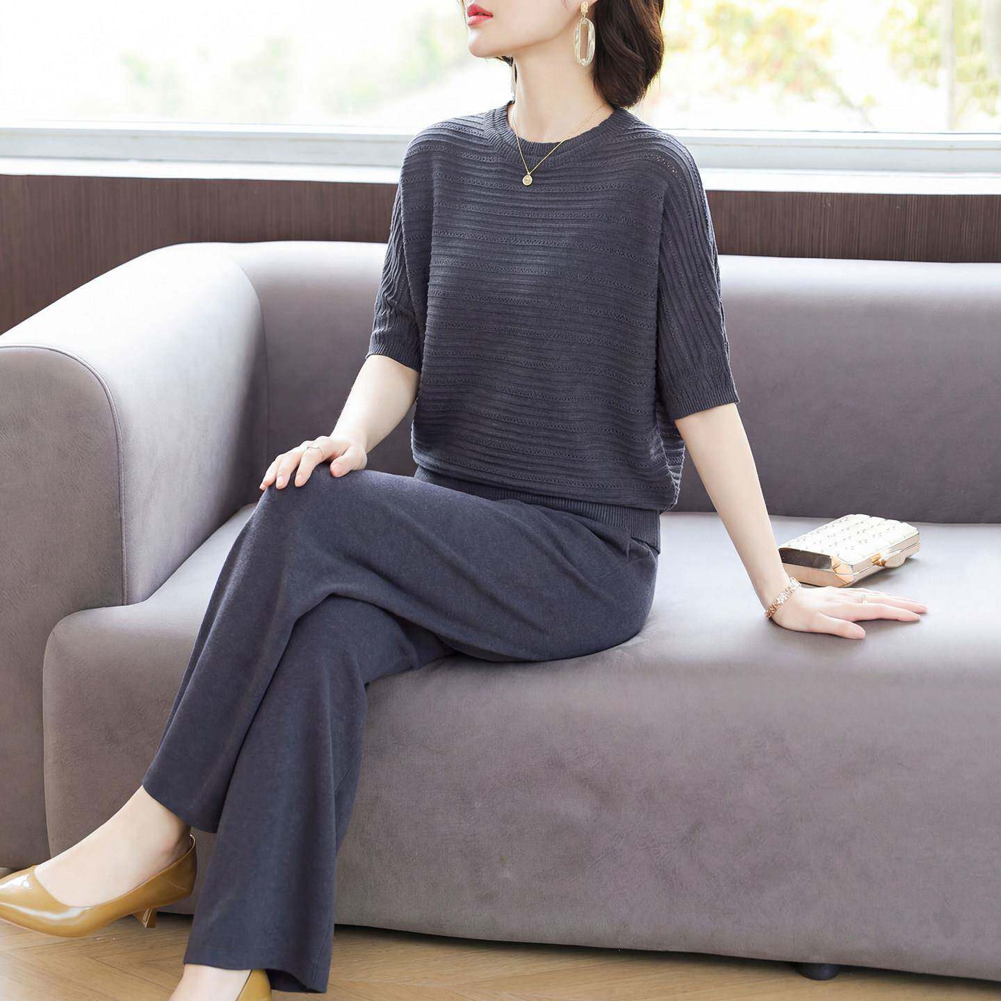 妈妈夏装真丝短袖小衫套装2026新款中老年女装休闲运动针织两件套