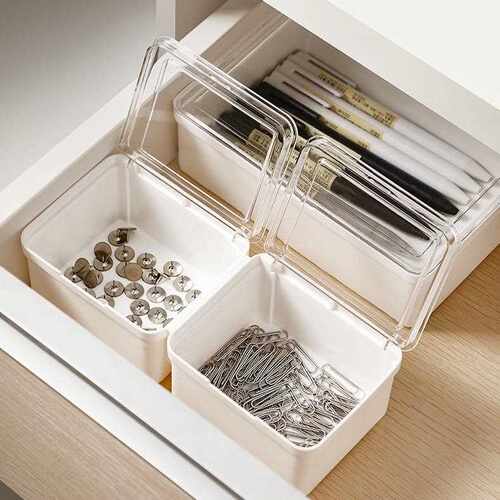 Drawer organizer with flip-top compartments for small items,