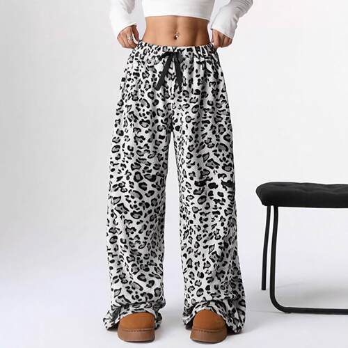 Women leopard print fleece straight leg Fitted Aesthetic