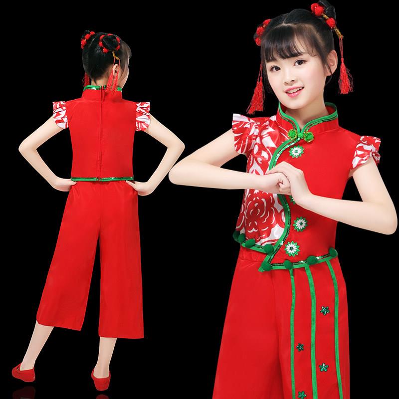 六一儿童秧歌服中国风表演服扇子舞开门红女童打鼓服春喜庆演出服