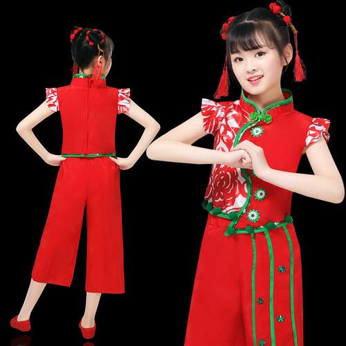 六一儿童秧歌服中国风表演服扇子舞开门红女童打鼓服春喜庆演出服