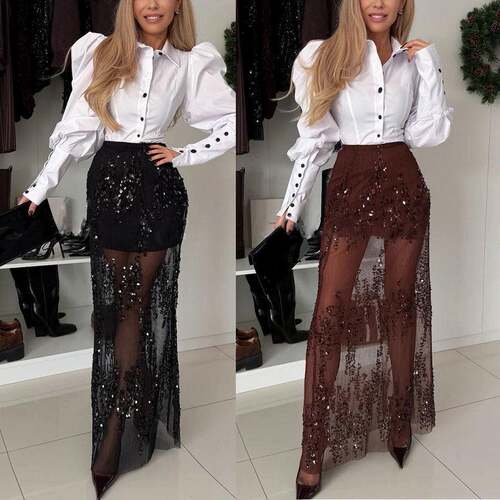 Women Waisted Sequined Skirt Contrast Evening Wear Clothing