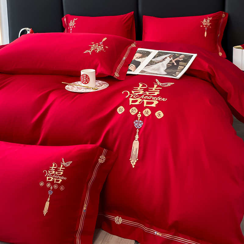 厂家批发长绒棉结婚四件套红色新婚床单被套婚礼婚庆纯棉床上用品