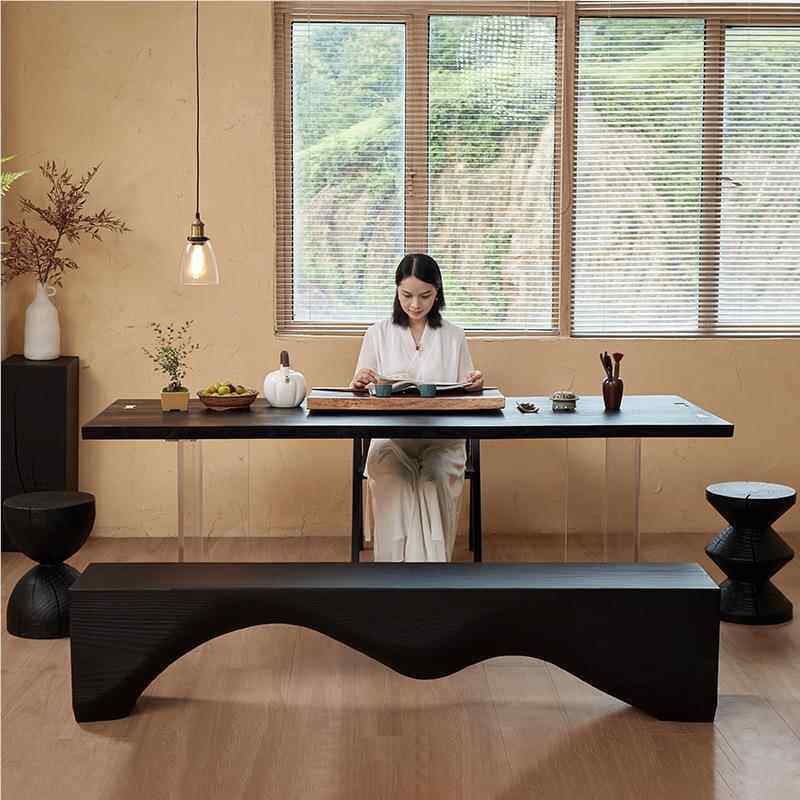 轻奢简约侘寂风碳化黑色实木餐桌 原木亚克力悬板大桌浮 工作蜡台