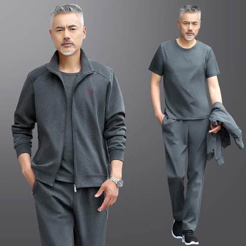 73392149中年男袖春装新款长开衫套休闲外宽松大码基套础款卫衣运