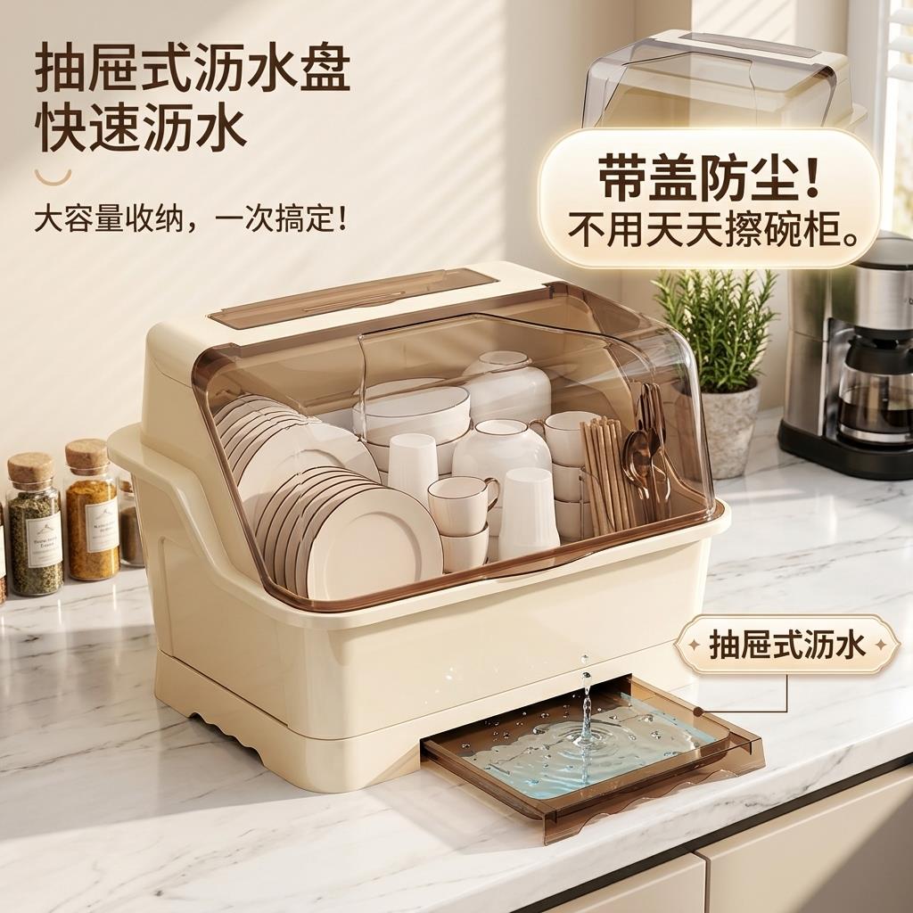 厨房收纳碗筷收纳盒放碗碟收纳架厨房餐具家用装盘收纳箱带沥水架
