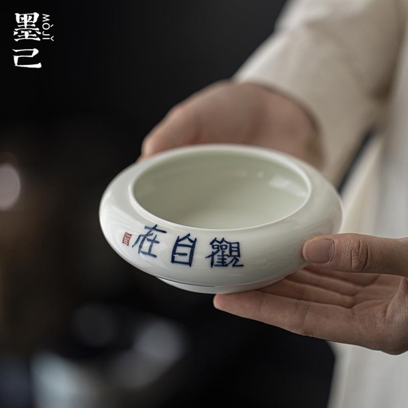 墨己粉青手写青花小建水茶具配件废水缸茶道花艺盆陶瓷多用盘