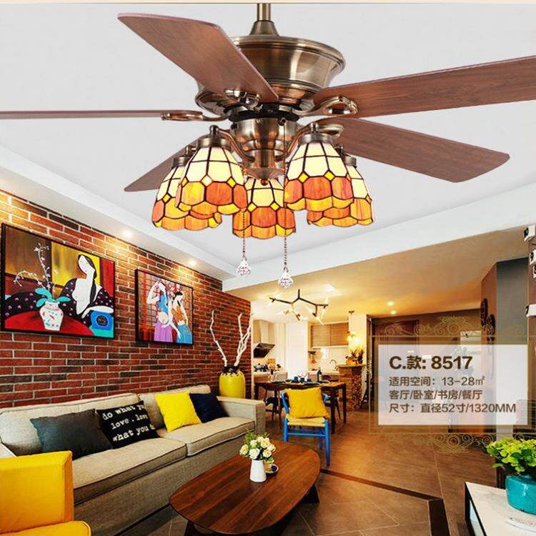 全铜吊扇灯 风扇灯蒂凡尼木叶客厅餐厅复古地中海铁叶2025年新款