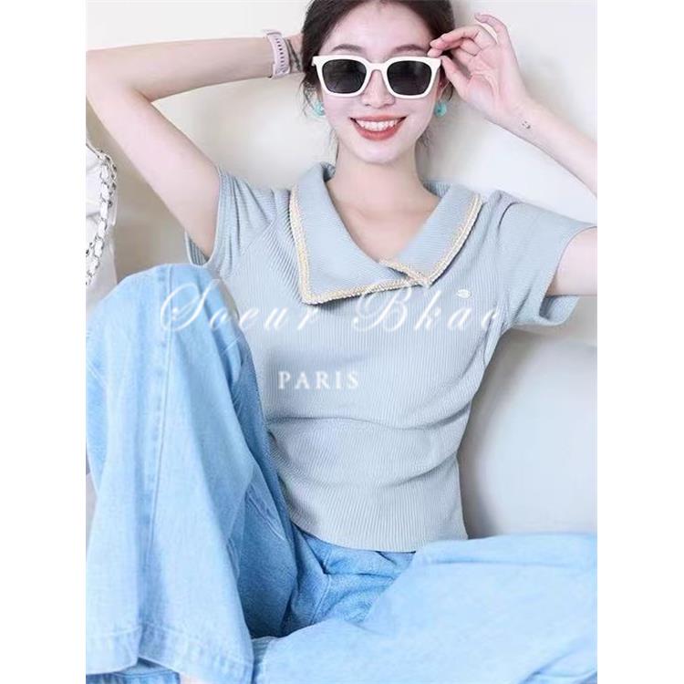 法国SOEUR BKAC蓝色POLO领冰丝针织短袖T恤女夏季设计感气质上衣