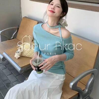 法国SOEUR BKAC春季法式甜美温柔蓝色斜肩针织衫女漂亮多巴胺上衣