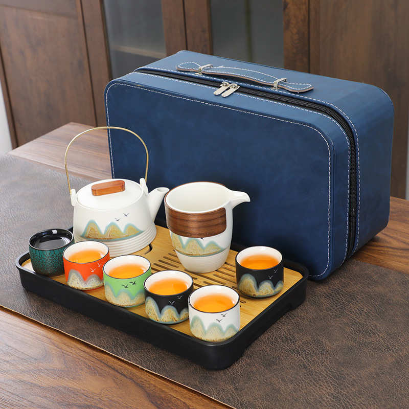 国潮远山旅行功夫茶具家用简约泡茶壶陶瓷茶杯户外茶盘便携包套装