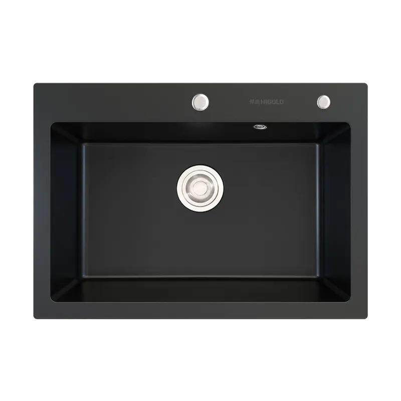 悍高厨房石英石水槽白黑色大单槽洗菜池洗碗盆台上下盆沥水篮