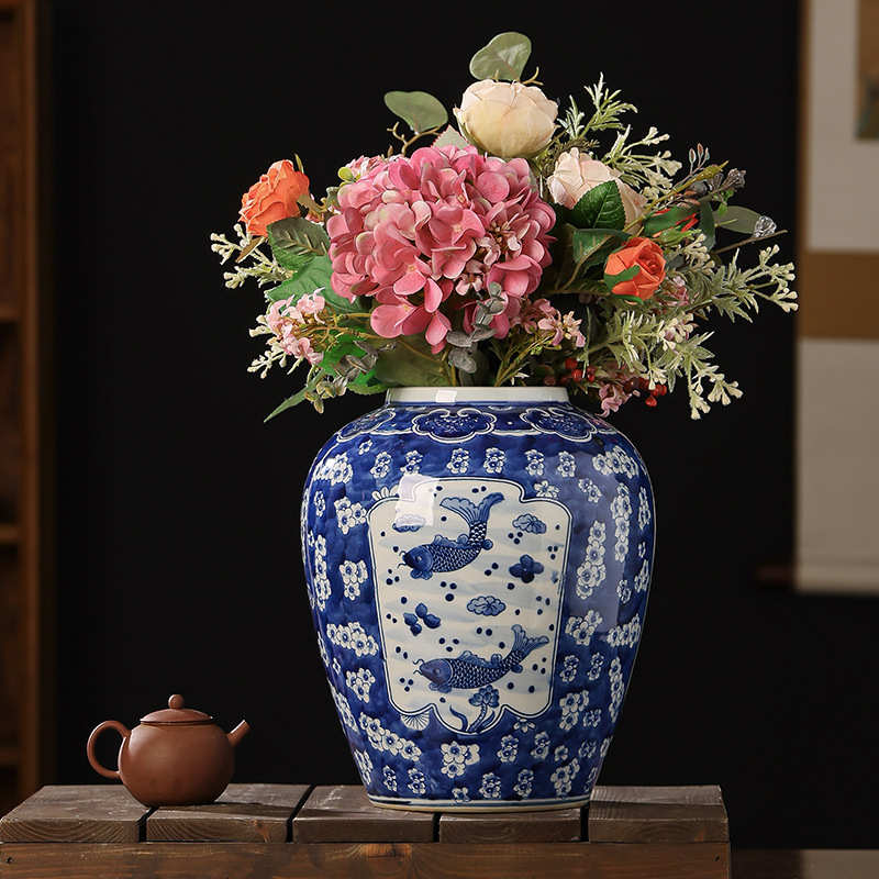 景德镇仿古手绘花鸟花瓶中式陶瓷罐玄关摆件可水培收纳别墅花瓶