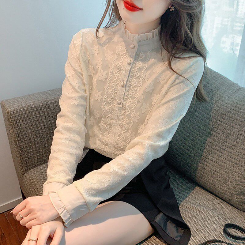 欧洲站半高领蕾丝针织打底衫女2025新款春秋冬季加绒洋派减龄上衣