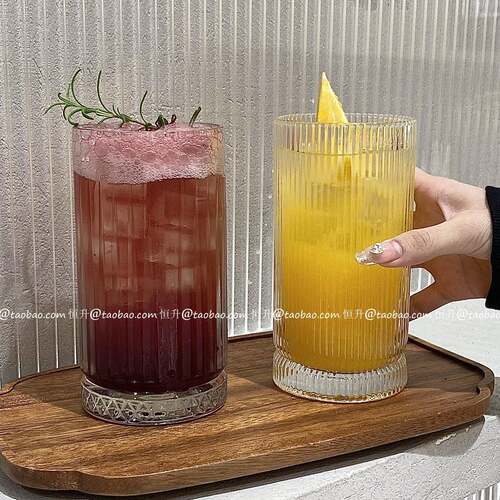 简约ins风竖条纹玻璃杯覆古高颜值冷饮杯夏季气泡水杯果汁杯450ml
