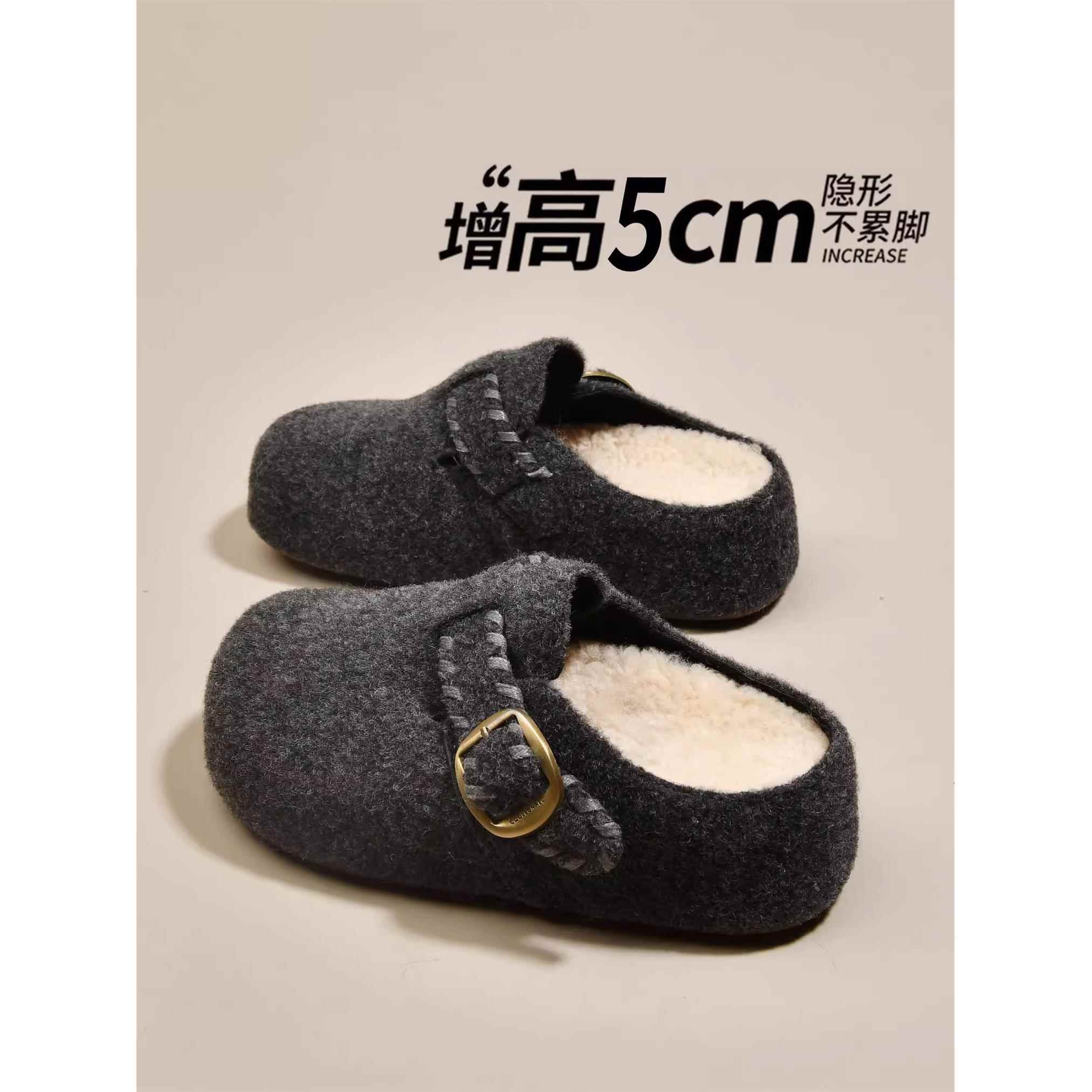 秋冬季厚底加绒灰色勃肯鞋女呢子包头毛毛拖鞋外穿2025新款1202n