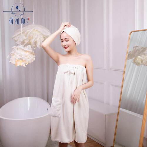 现货珊瑚绒浴裙套装柔软吸水蝴蝶结抹胸浴巾干发帽发带礼品亲肤