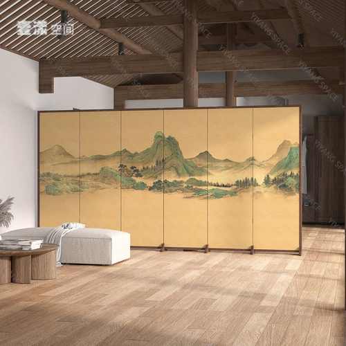 新中式现代简约古典山水屏风折叠移动办公室实木隔断屏风客厅玄关