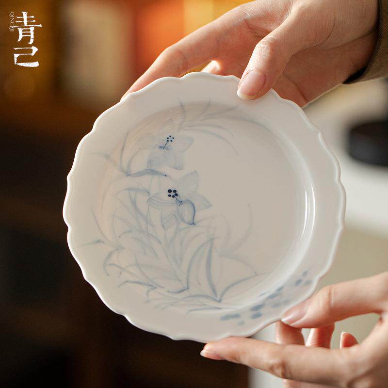 青己陶瓷花口壶承手绘青花疏花絮影茶道配件干泡盘茶点盘茶具瓷盘