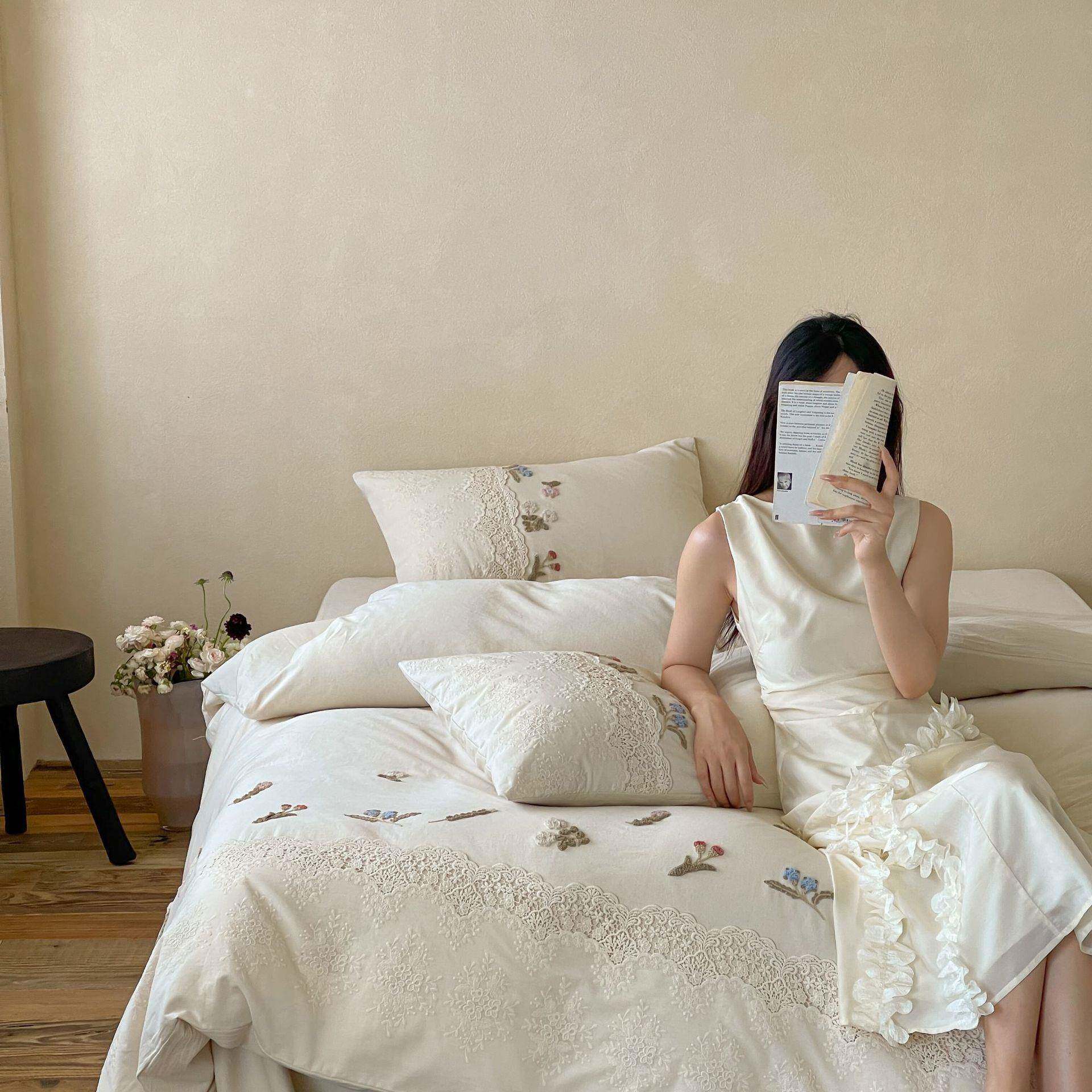 法式奶油风棉麻毛巾绣纯棉四件套全棉刺绣花边床单被套床上用品++