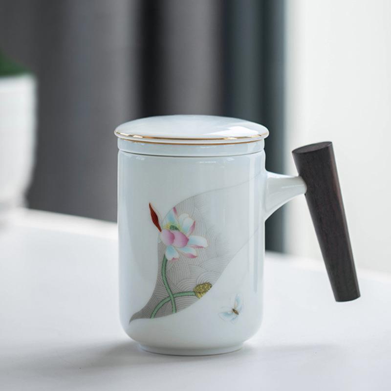 茶杯自带过滤茶水分离陶瓷杯办公家用实木手柄 泡茶杯马克杯商务