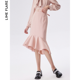 莱茵商场同款粉色格纹鱼尾裙2023夏季重工，垂感高腰半身裙名媛