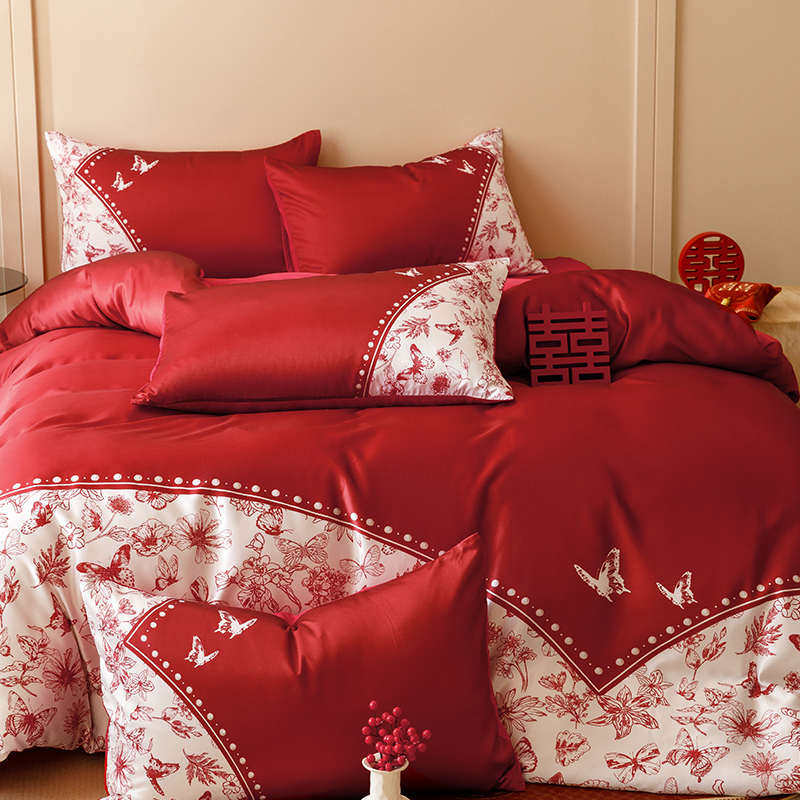 高档新中式婚庆四件套全棉印花新婚陪嫁纯棉被套床单结婚床上用品,床上用品,婚庆床品套件,淘宝优惠券,粉丝福利购,淘宝优惠卷