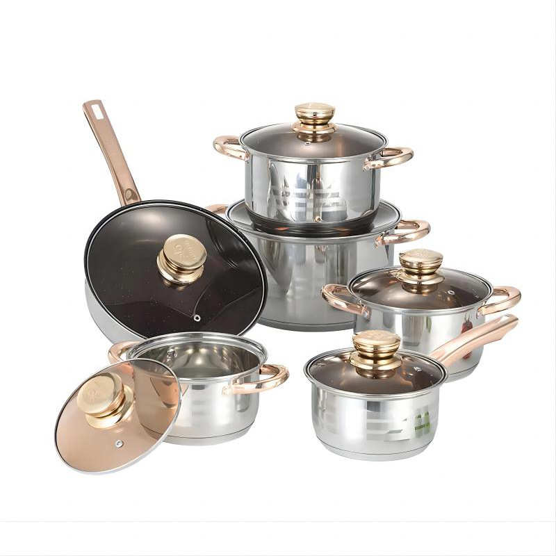 新款复底不锈钢锅具厨房简约煎炒锅汤锅奶锅带盖十二件套批发