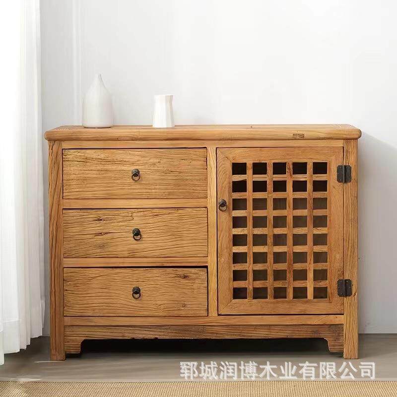 老榆木茶水柜新中式餐边柜三抽式储物柜子禅意下置水桶实木烧水柜