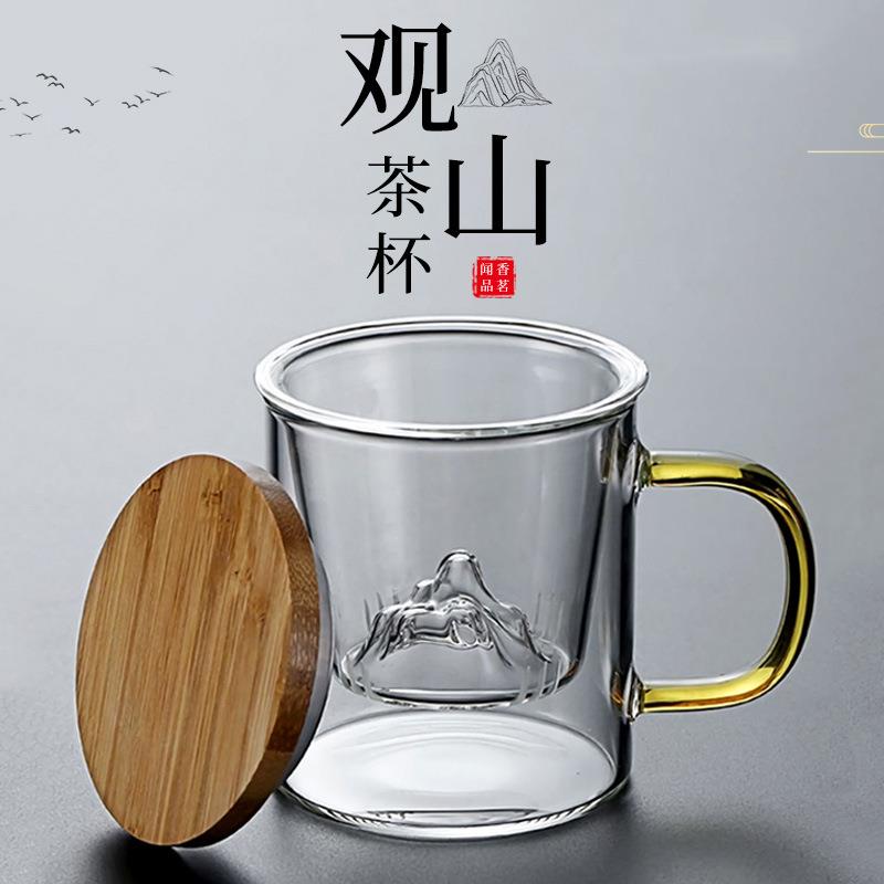 玻璃水杯茶水分离泡茶杯商务过滤木盖玻璃杯办公室男女观山三件杯