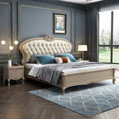 软包床现代简约婚床 网红款 美式 轻奢实木床皮床1.8米双人床法式