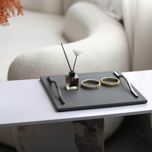 现代约简深灰色皮革托盘件拱居桥把手摆家客厅茶几售楼DMG处软装