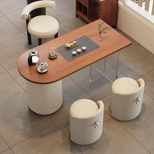 奶油风实木原木茶桌现代简约亚克力家用阳台圆脚小茶台茶桌椅组合